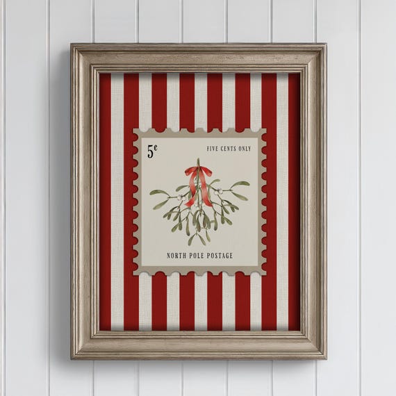Mistletoe Stamp Art Red White Christmas Decoration Coquette Candy Stripe Wall Retro Americana Holiday Decor Cute Kids Room Print