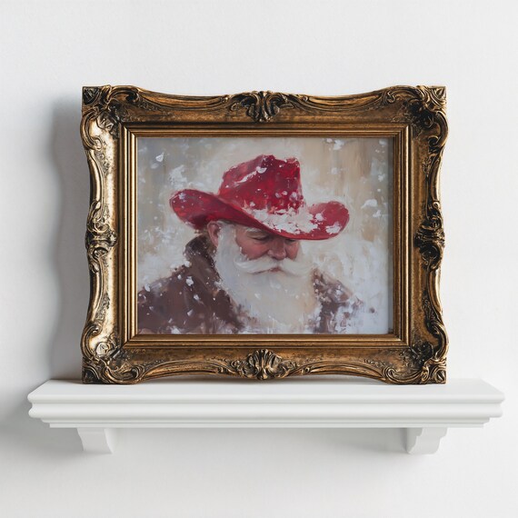 Cowboy Santa in Red Hat Snowy Western Christmas Night Art Poster