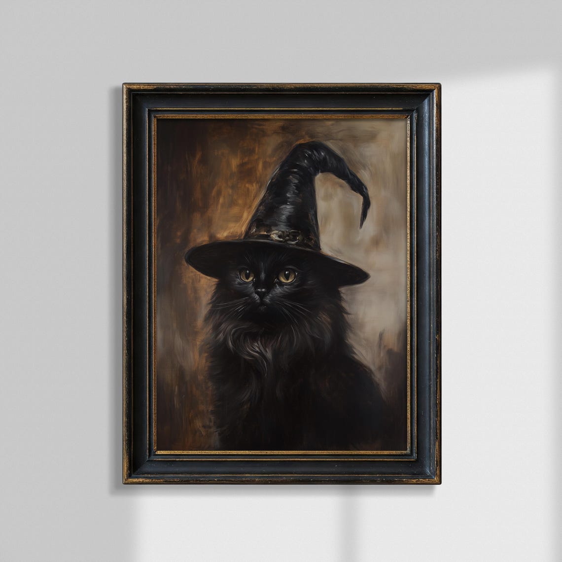 Black Cat In Witch Hat Painting Neutral Fall Print Witchy Halloween Decoration Dark Academia Decor Gothic Bathroom Whimsical Wall Art