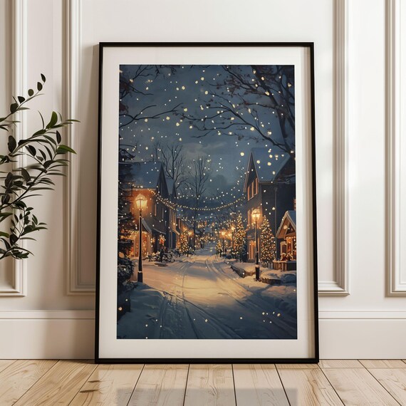 Snowy Christmas Village Street Night Lights Oil Painting Print