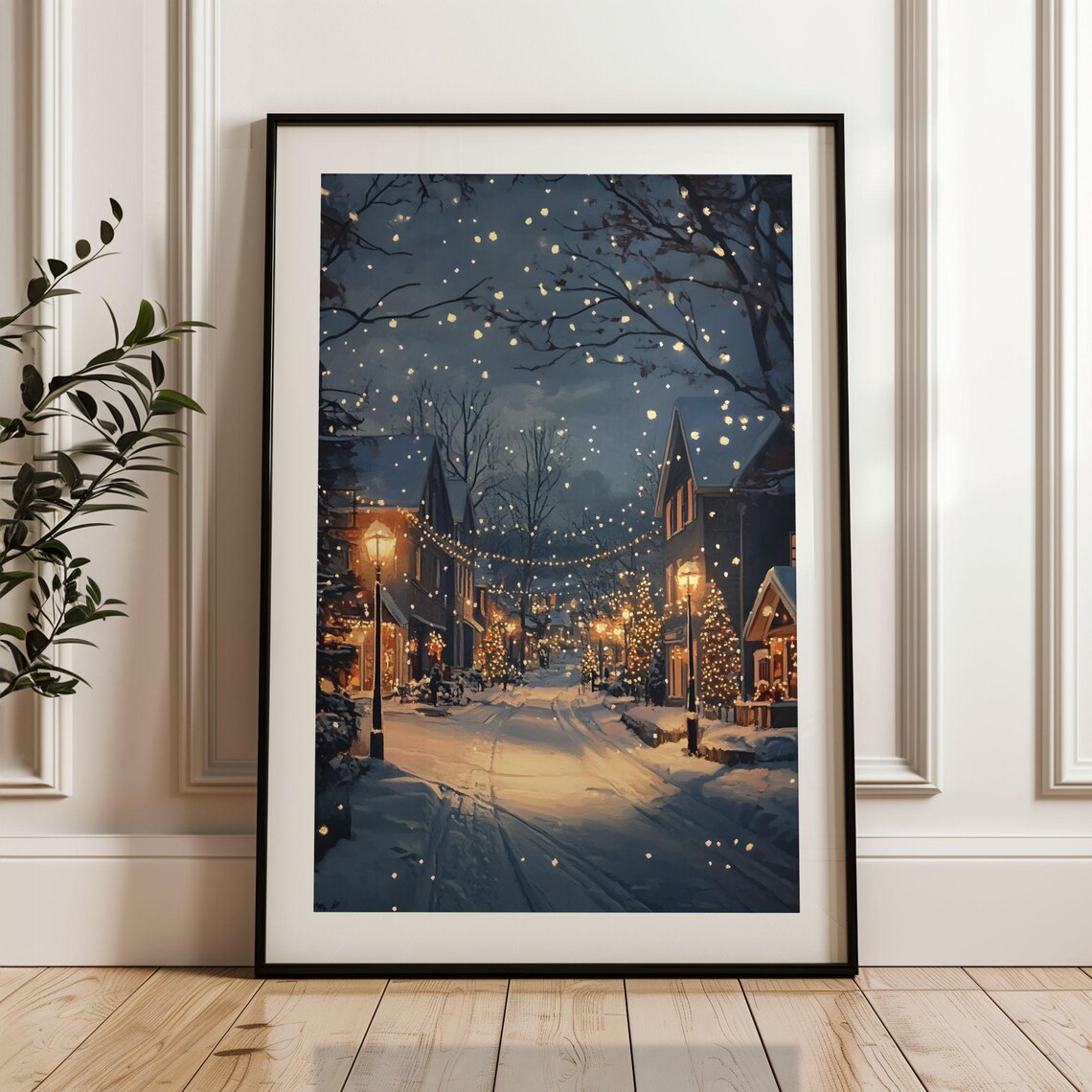 Snowy Christmas Village Street Night Lights Oil Painting Print