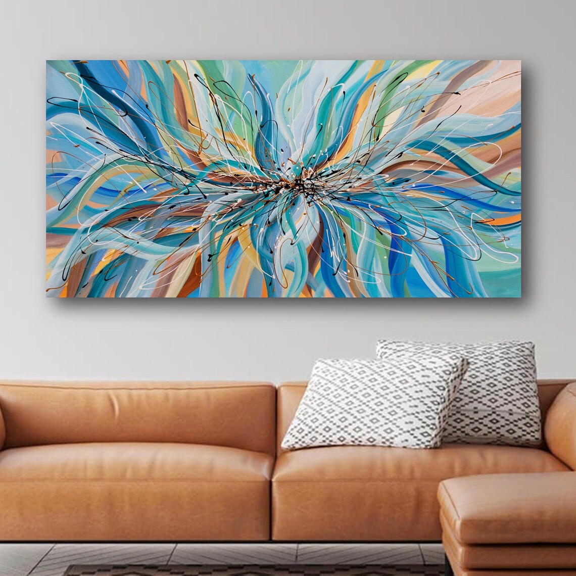 Abstract Art Print, Blue Brown Horizontal Decor