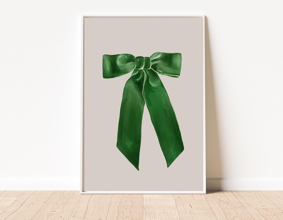 Emerald Green Satin Bow Ribbon Watercolor Chic Minimalist Art Poster