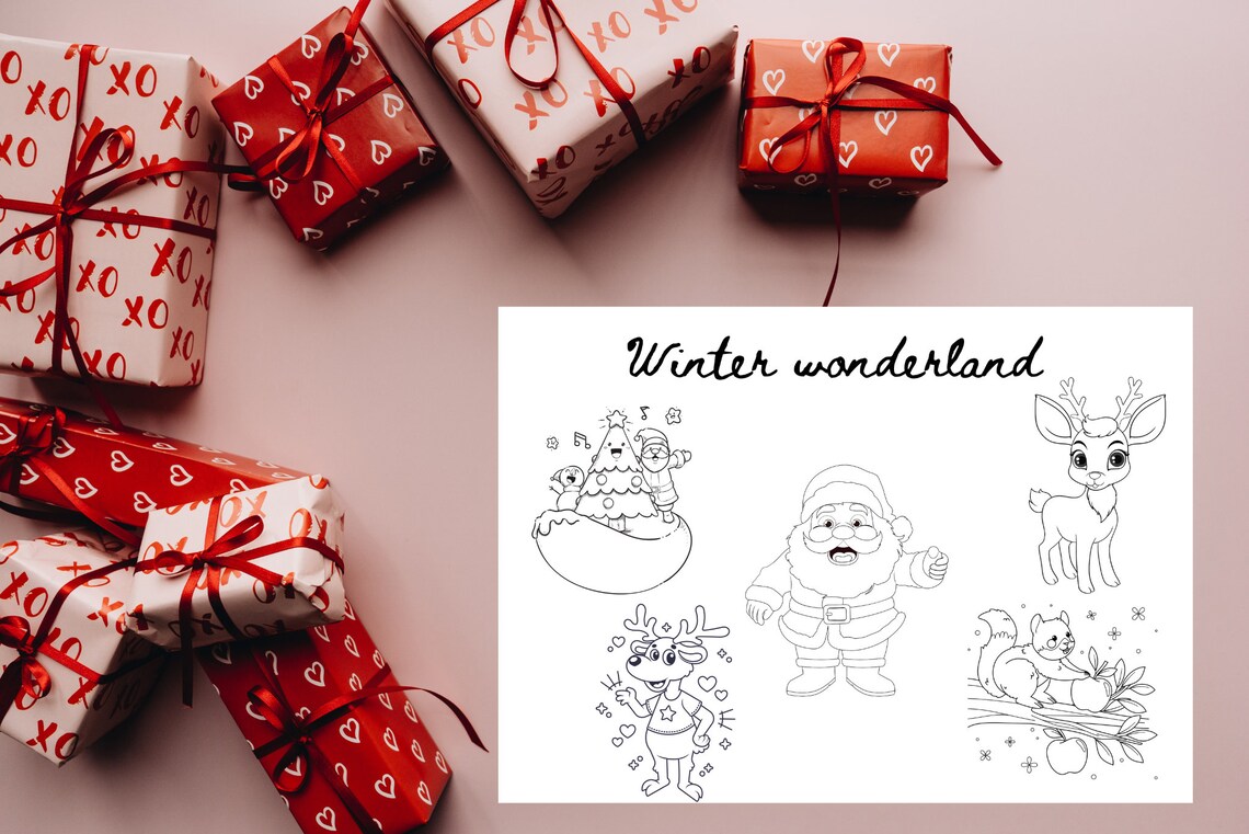Winter Wonderland Kids Coloring Page Santa Reindeer Holiday Art Poster - Image 3