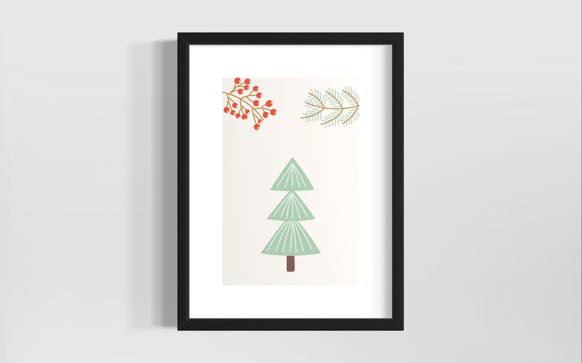 Minimalist Christmas Tree Berries Pine Branch Modern Wall Poster
