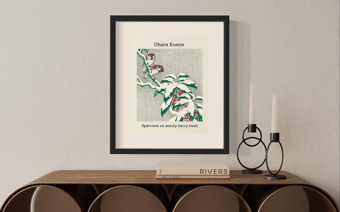 Ohara Koson Sparrows on Snowy Berry Bush Japanese Woodblock Art Print
