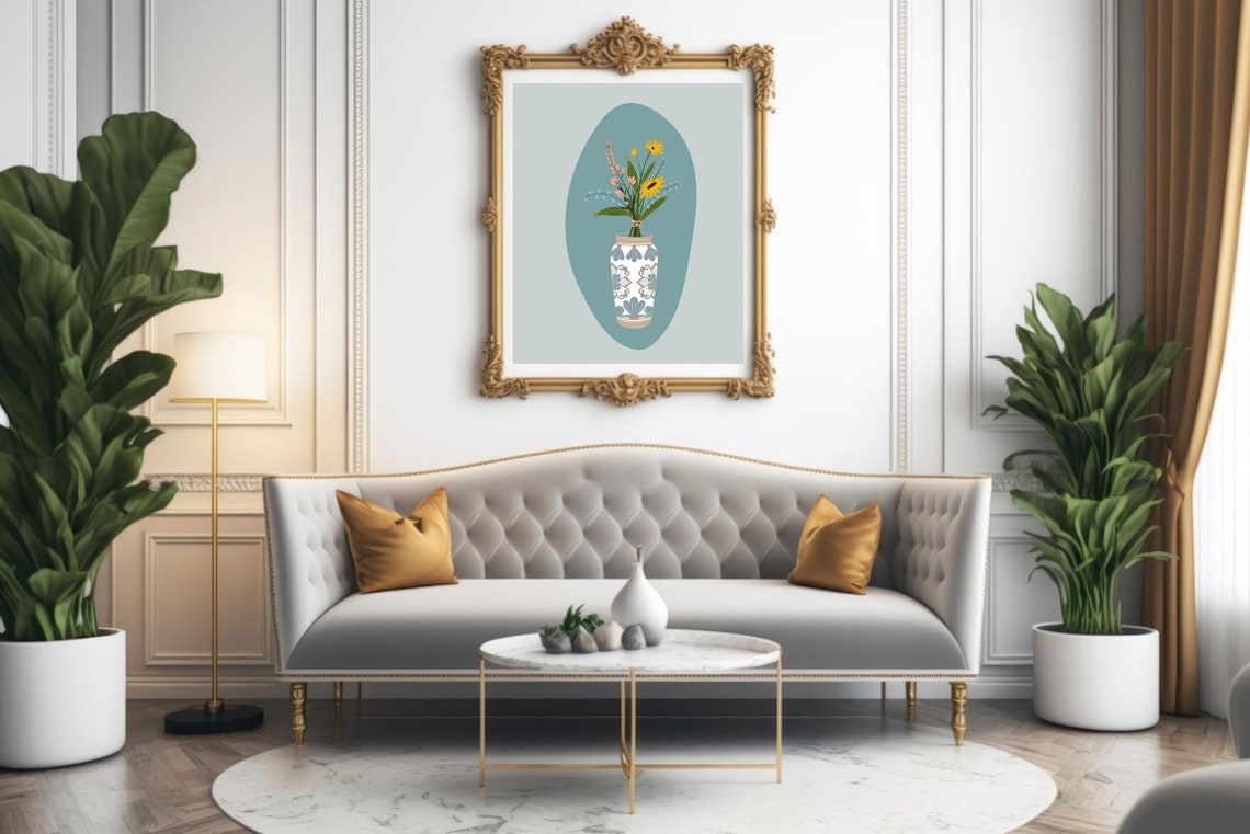 Sage Green Botanical Vase Wildflower Bouquet Patterned Vessel Poster - Image 2