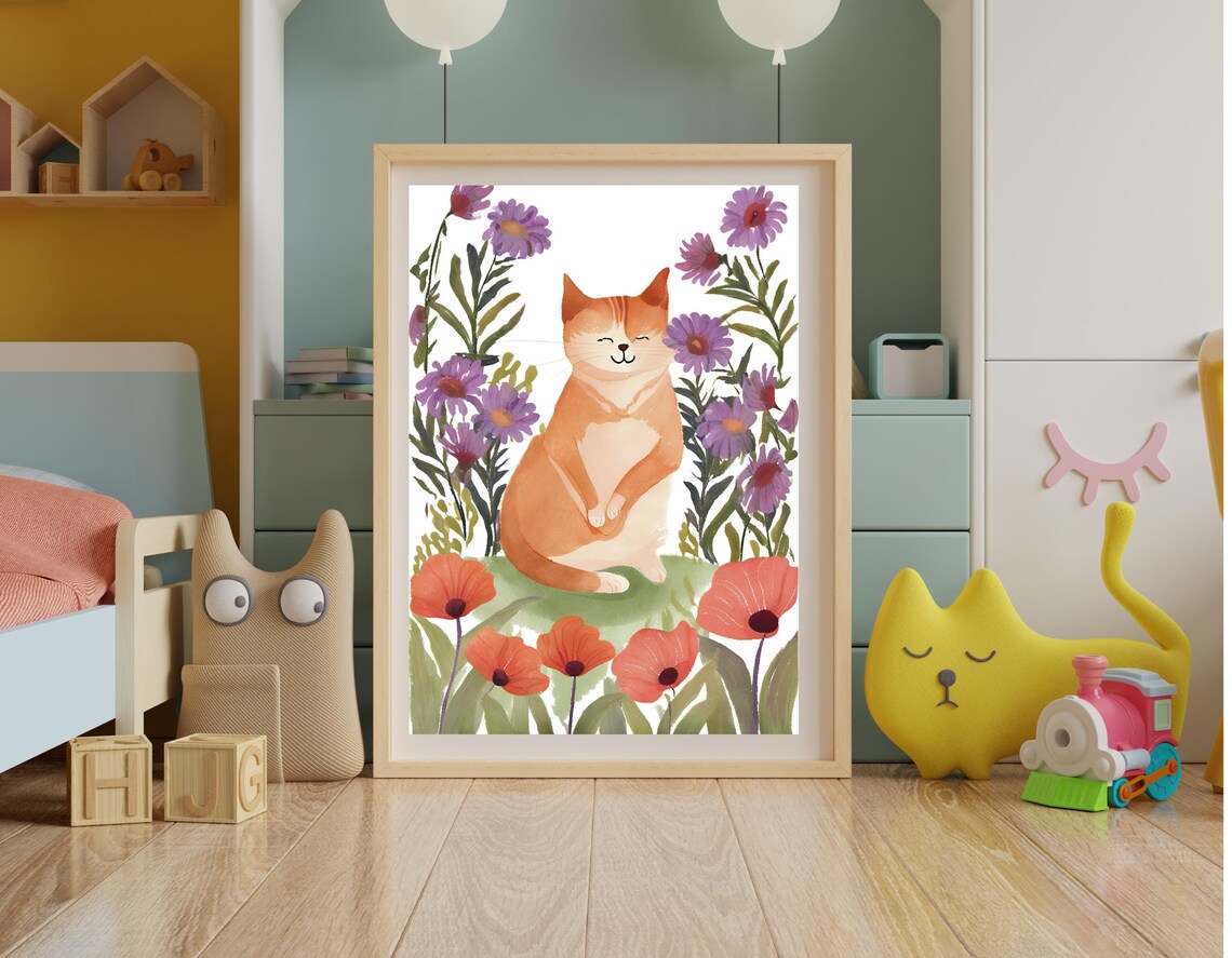 Watercolor Orange Cat Flowers Garden Nursery Kids Room Wall Poster - Image 2