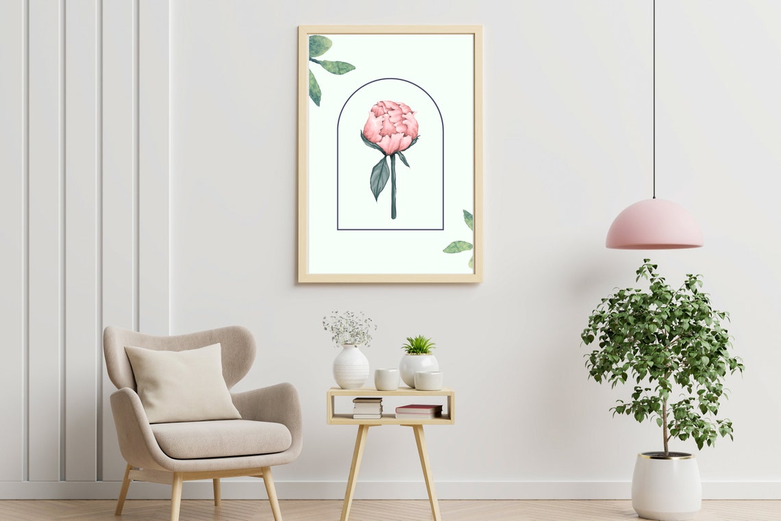 Pink Peony Botanical Arch Watercolor Soft Mint Floral Nursery Poster