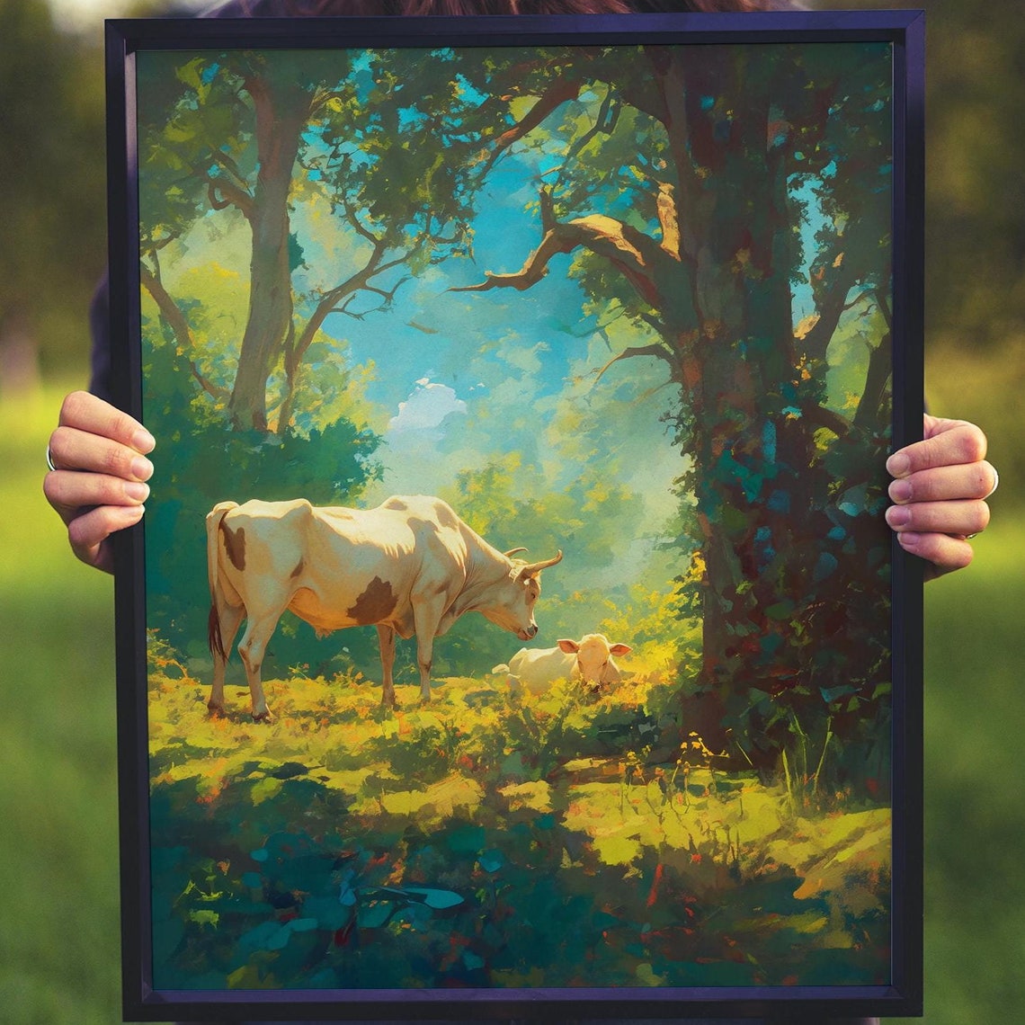 White Cow and Calf in a Sunlit Forest Meadow Impressionist Art Poster