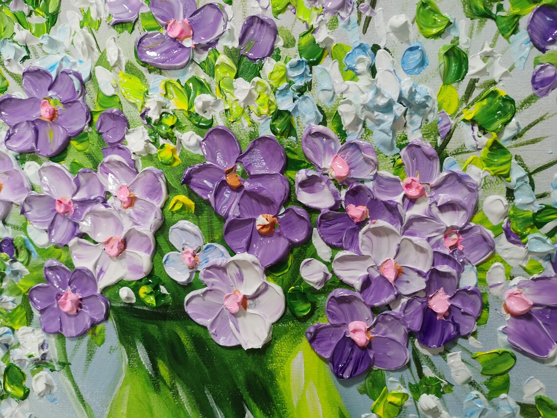 Purple Wildflowers Green Vase Impasto Floral Oil Painting Wall Art - Image 2