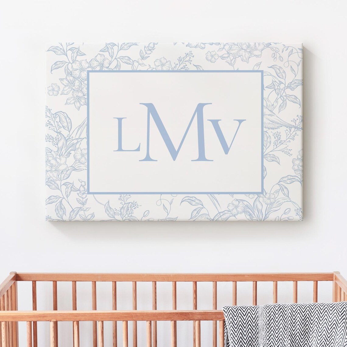 LMV Monogram Nursery Sign Blue Floral Border Elegant Baby Name Gift Poster
