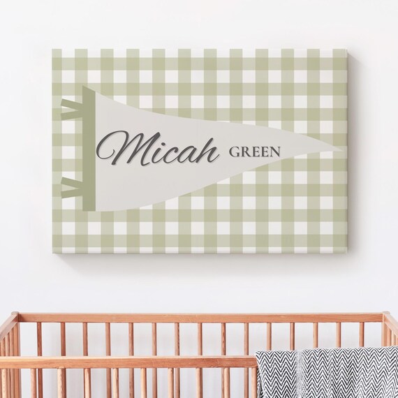 Micah Green Personalized Nursery Pennant Name Sign Sage Green Gingham Poster