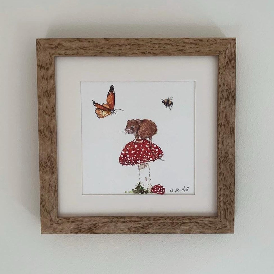 Mouse On Toadstool Watercolor Butterfly Bee Signed Nature Art Poster
