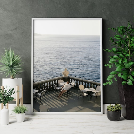 Woman Lounging on Seaside Terrace Old Money Luxury Summer Photo Print