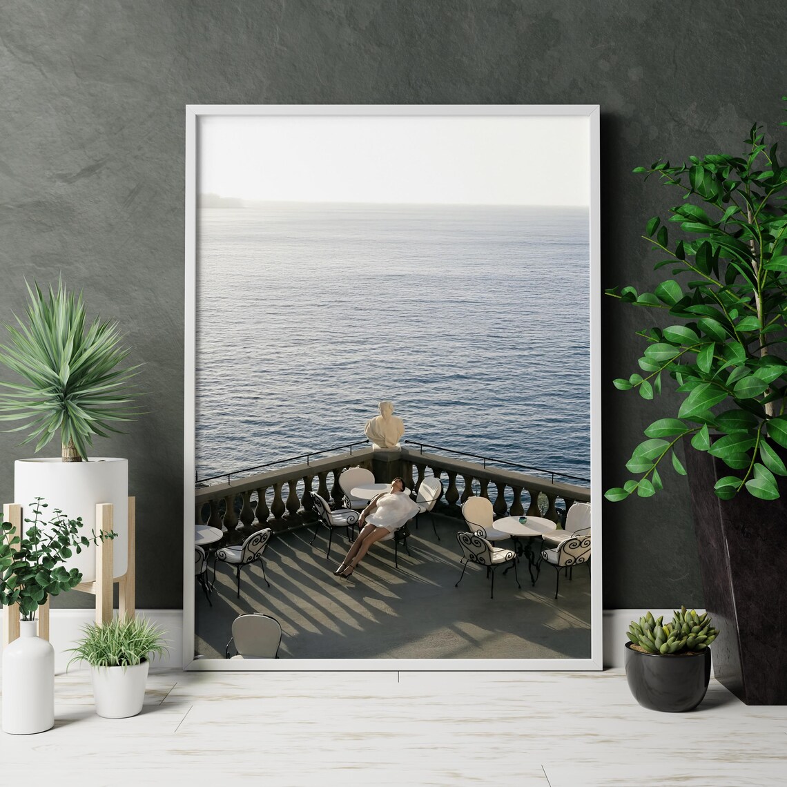 Woman Lounging on Seaside Terrace Old Money Luxury Summer Photo Print