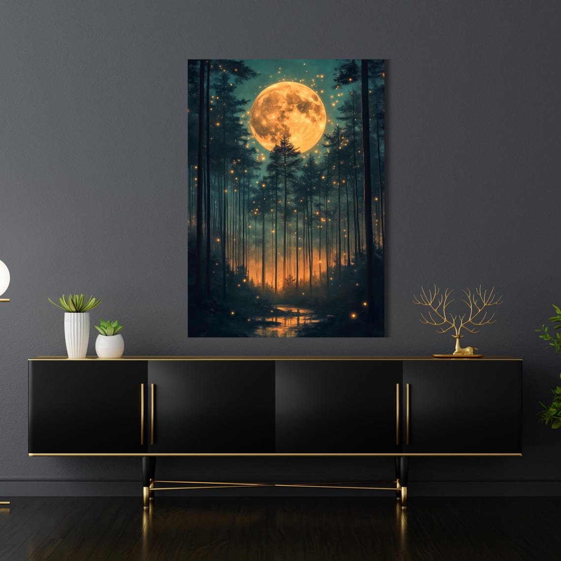 Golden Full Moon Over Dark Pine Forest Starry Night Sky Wall Art - Image 3