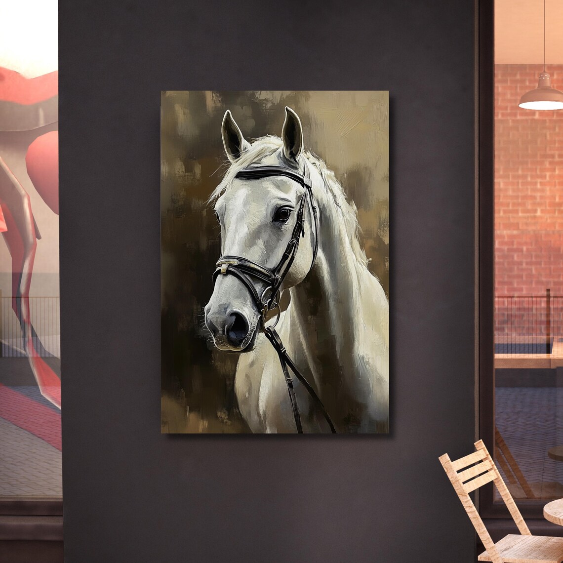 White Horse Portrait with Bridle Equestrian Oil Painting Poster - Image 4