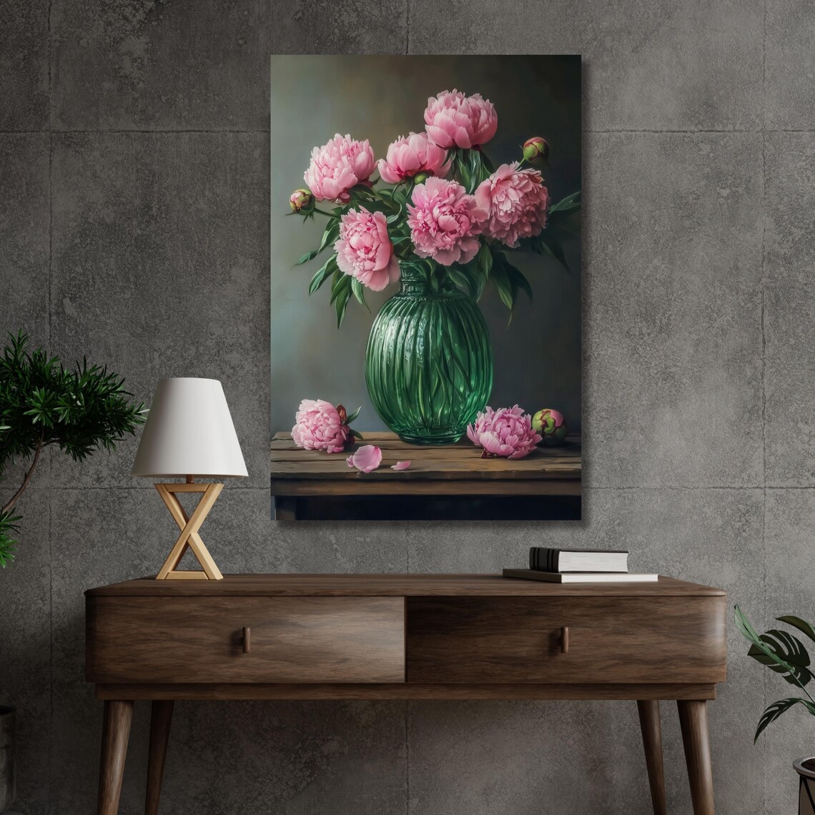 Pink Peonies in Green Ribbed Glass Vase Floral Still Life Poster - Image 4