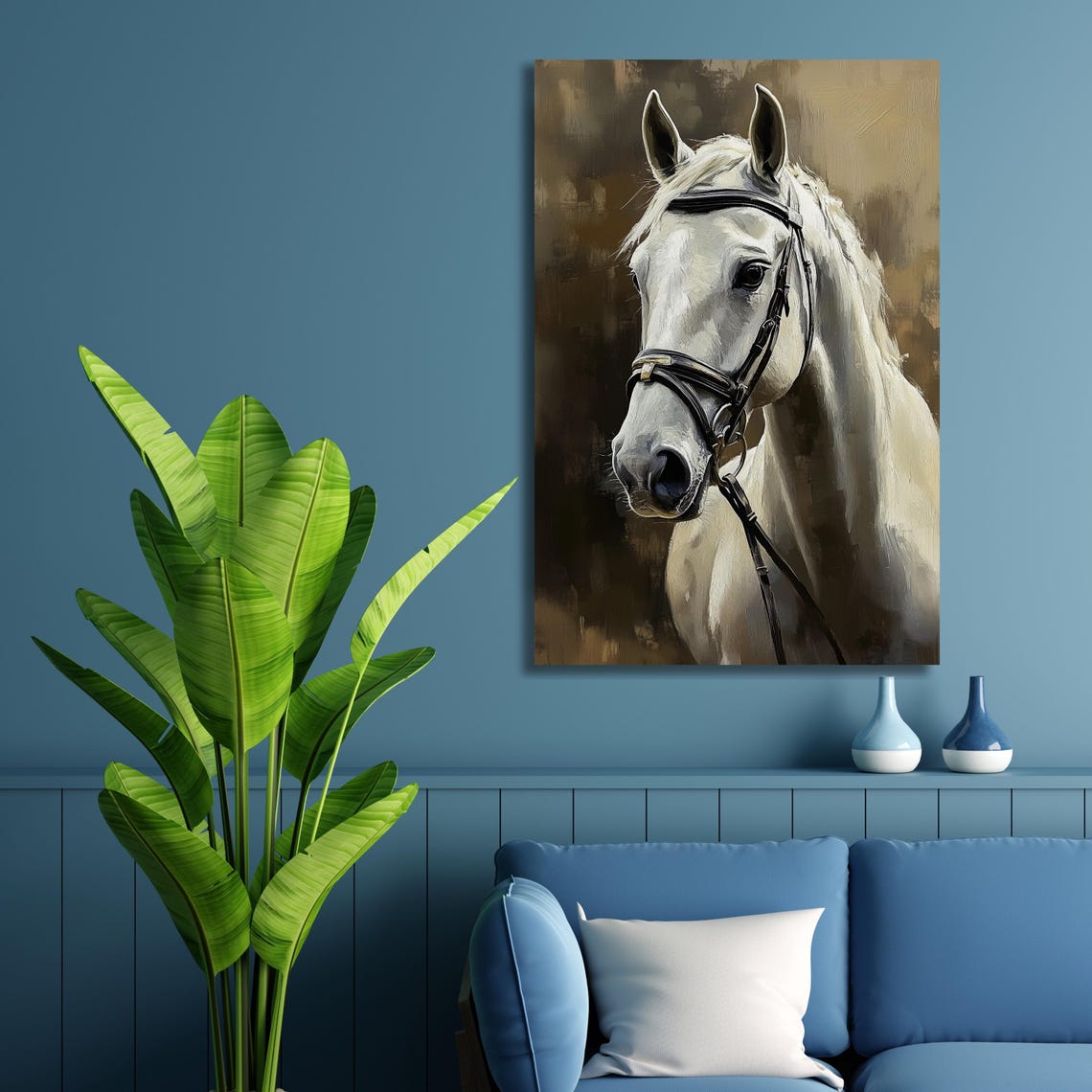 White Horse Portrait with Bridle Equestrian Oil Painting Poster - Image 3