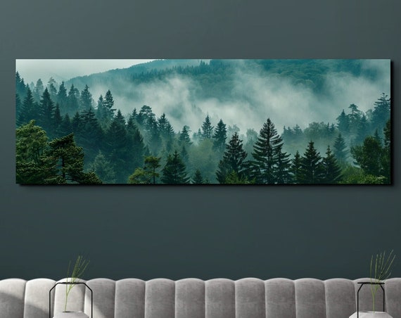 Foggy Misty Forest Wall Art Print Panoramic Wall Decor Livingroom Ready To Hang Nature Decor Misty Forest Foggy Haze Smoky
