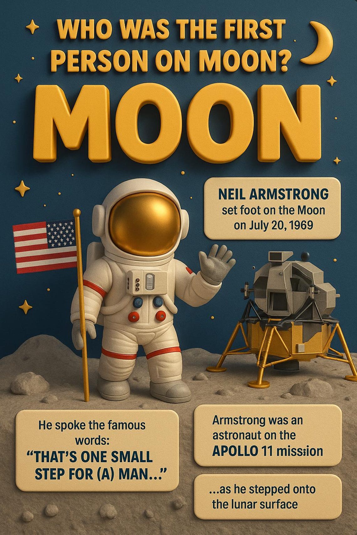 3d Kids Educational Poster The First Man On Moon Space Wall Art For Boys Girls Astronaut Nursery Decor Stem Learning Gift