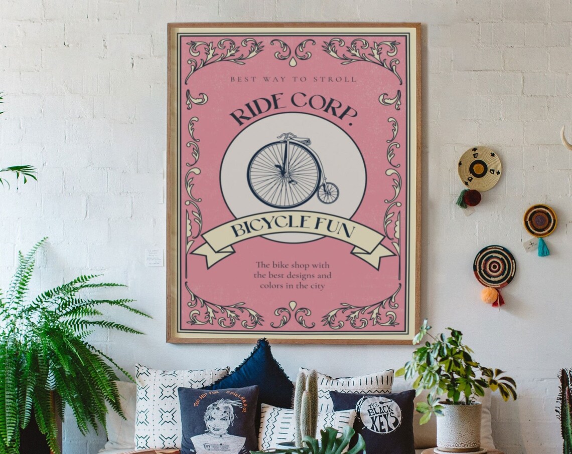 Ride Corp Bicycle Fun Pink Penny-Farthing Vintage Art Poster
