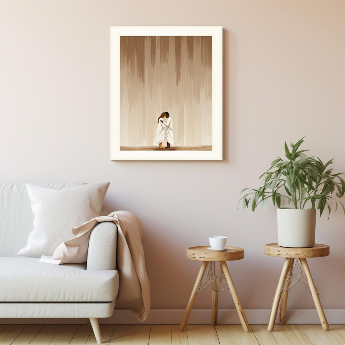 White Robed Couple Embracing Rain Peaceful Beige Art Wall Poster