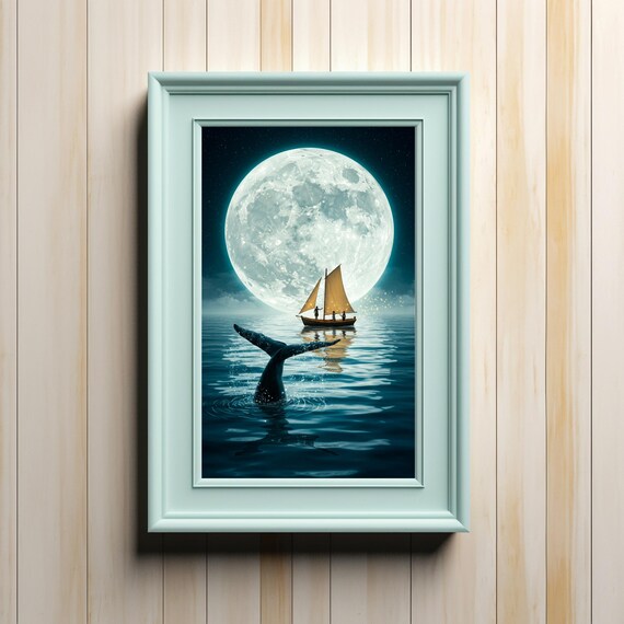 Serene Moonlit Night With Whale Tail And Sailboat Art For Instant Wall Decor
