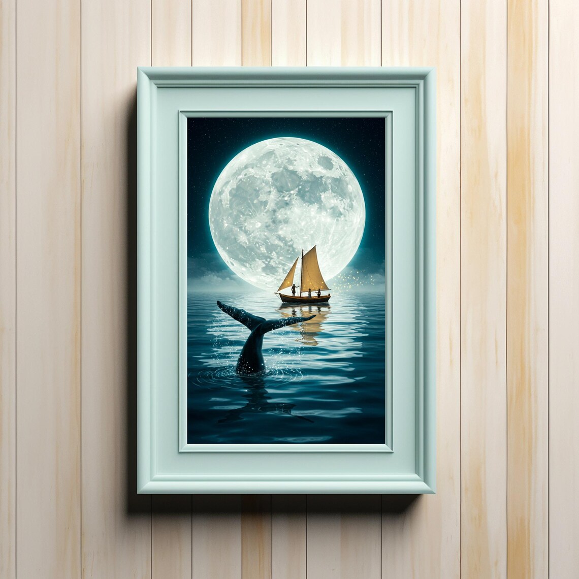 Serene Moonlit Night With Whale Tail And Sailboat Art For Instant Wall Decor