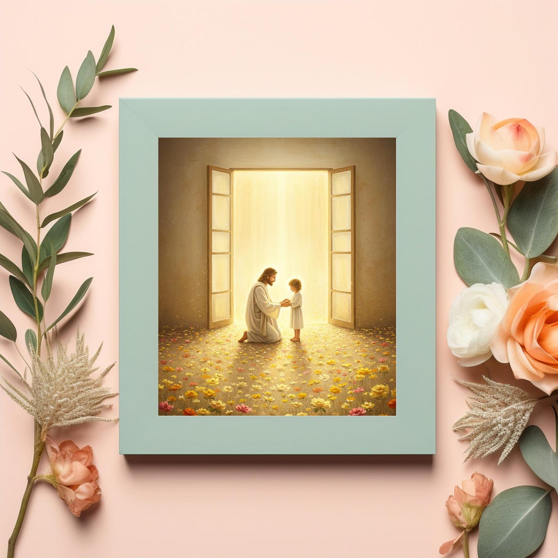 Adult And Child In Radiant Sunlit Doorway Flower Meadow Poster