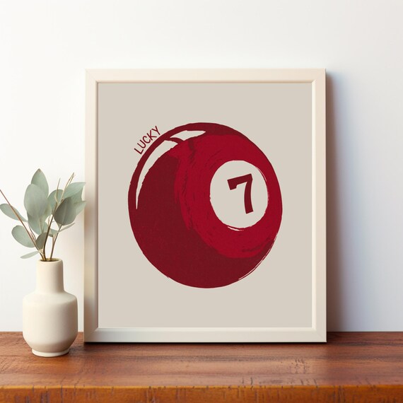 Lucky Number 7 Red Billiard Ball Retro Game Room Vintage Art Poster