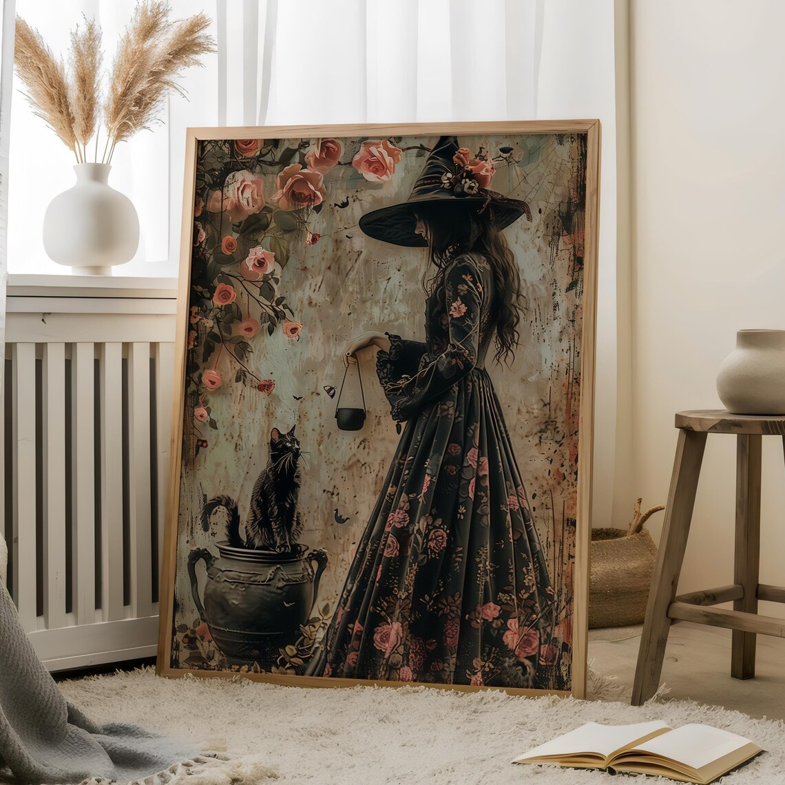 Floral Witch And Cat Silhouette Art Print