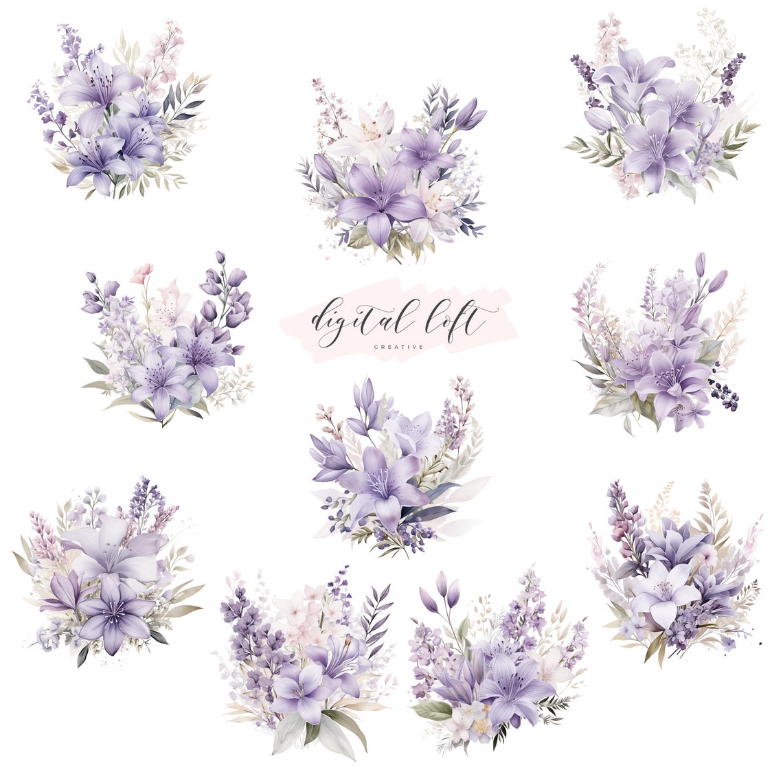 Lavender Lily Bouquet Watercolor Bundle Nine Floral Wall Art