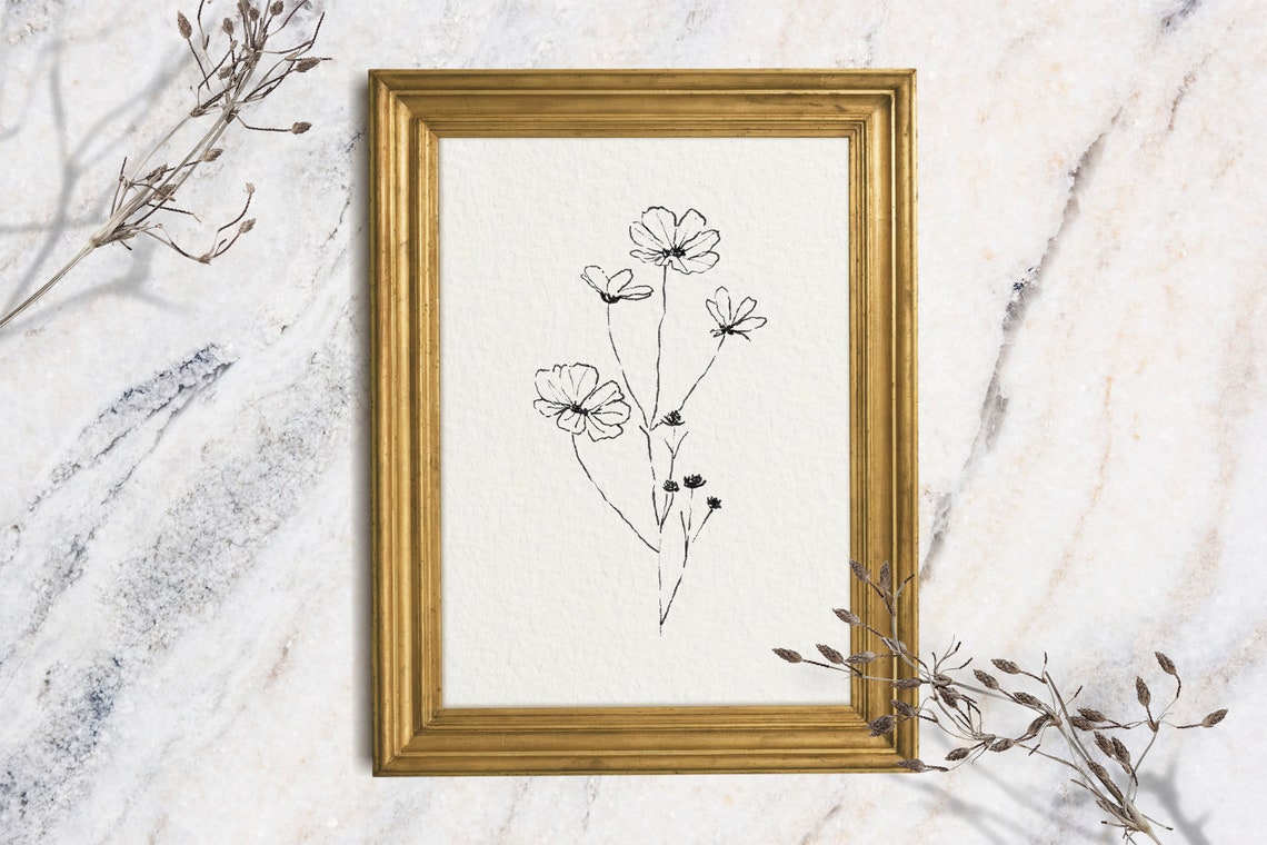 Minimalist Cosmos Wildflowers Black Ink Line Sketch Wall Art Print