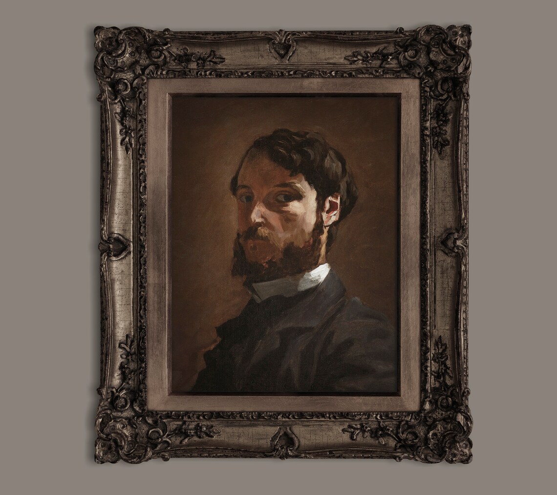 Moody Bearded Man Oil Portrait Dark Vintage Painting Antique Art Print - Image 2