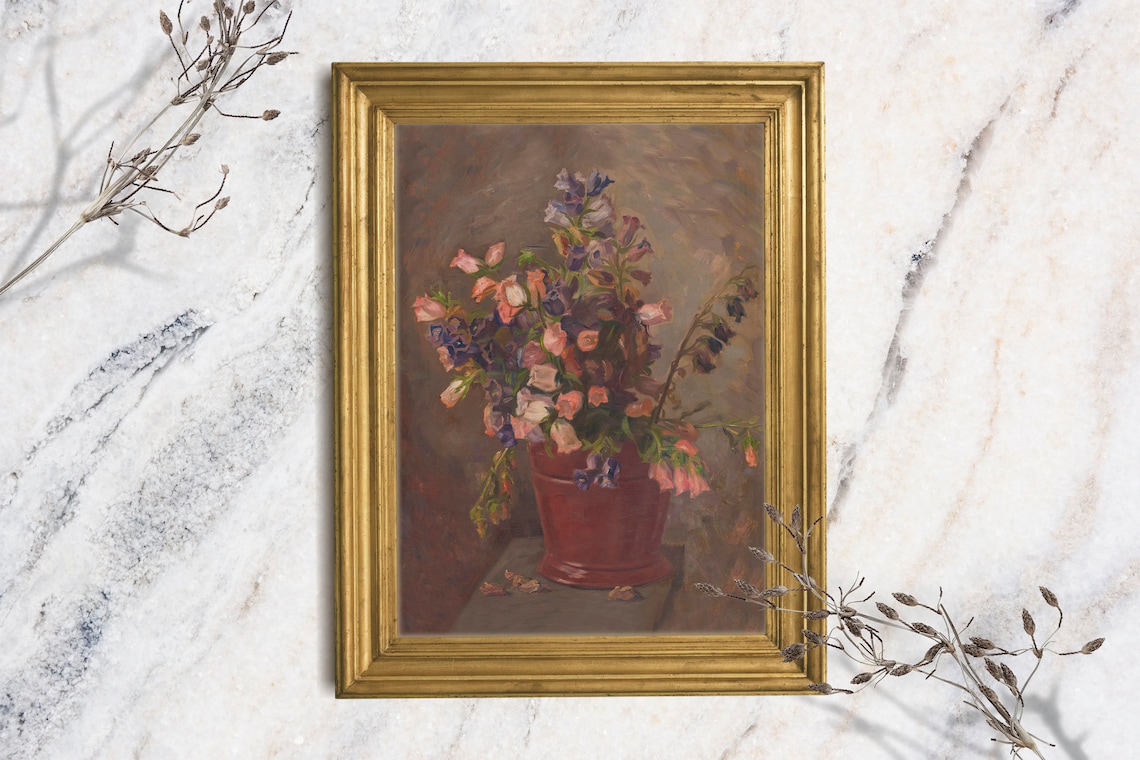 Pink Purple Sweet Pea Blooms Red Pot Vintage Oil Painting Floral Print