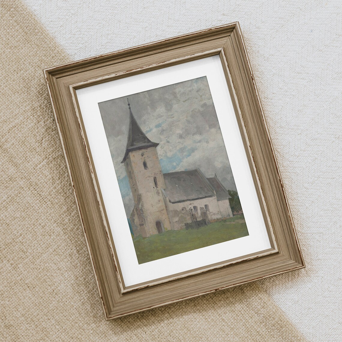 Old Country Stone Church Steeple Minimalist Vintage Oil Painting Art Print - Image 2