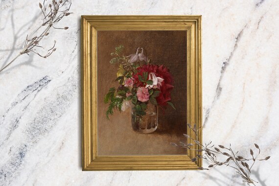 Vintage Peony Columbine Bouquet Glass Vase Warm Floral Painting Art Print