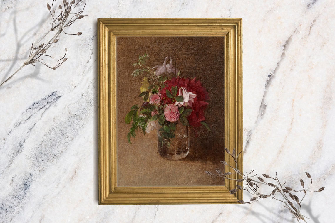 Flower Mason Jar Art Print Floral Oil Painting Print Fine Art Vintage Painting Original Still Life Wall Art Small Shelf Art Giclee Print