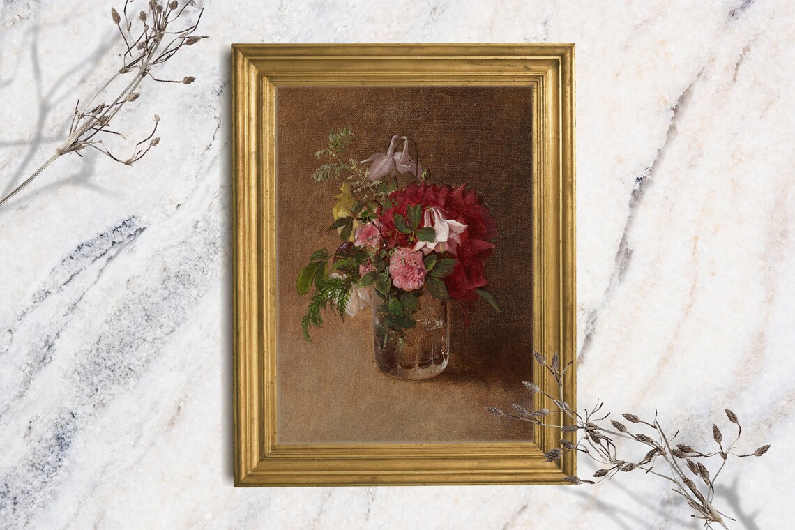 Vintage Peony Columbine Bouquet Glass Vase Warm Floral Painting Art Print