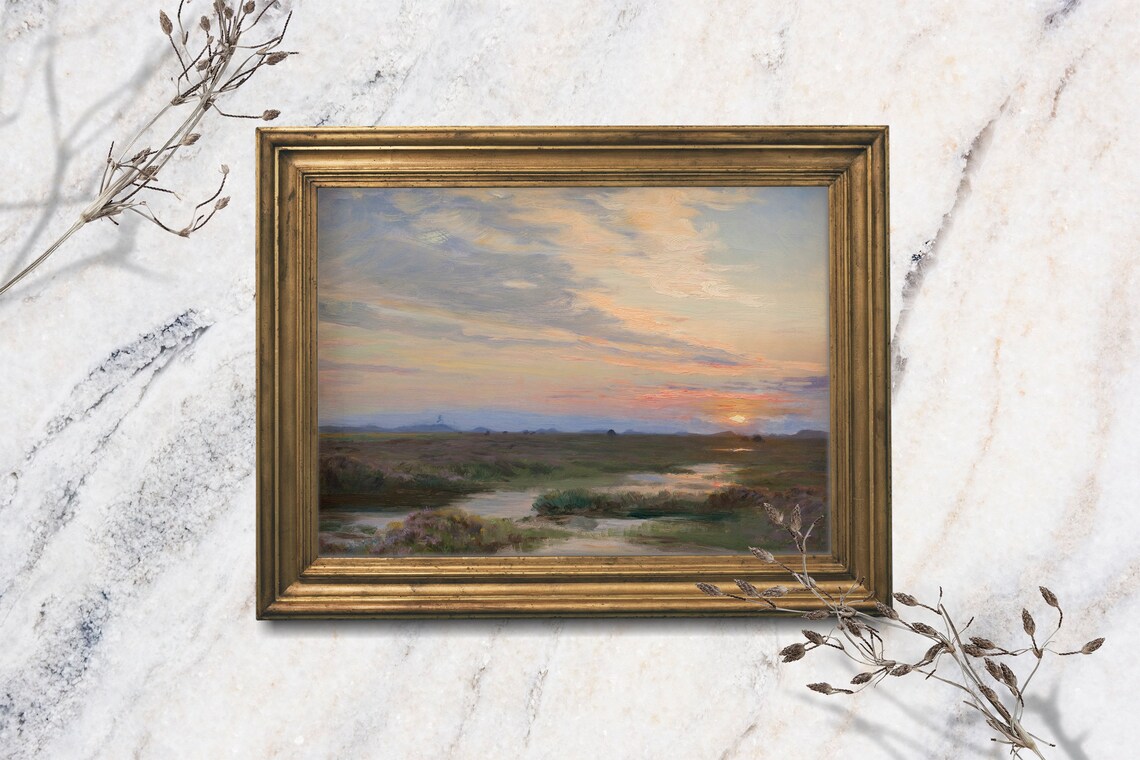 Sunrise Marsh Wetland Landscape Dawn Sky Vintage Oil Painting Art Print