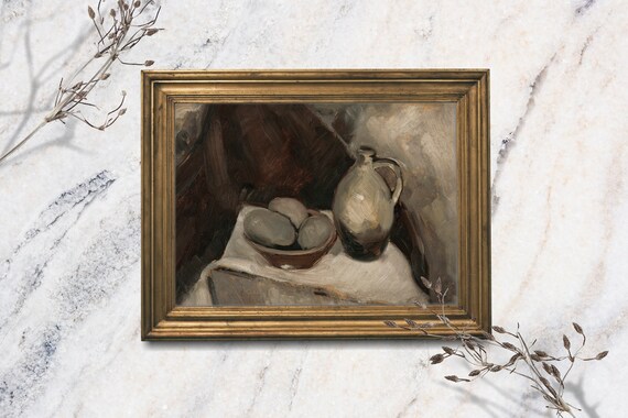 Moody Dark Still Life Eggs Jug Kitchen Vintage Oil Painting Art Print
