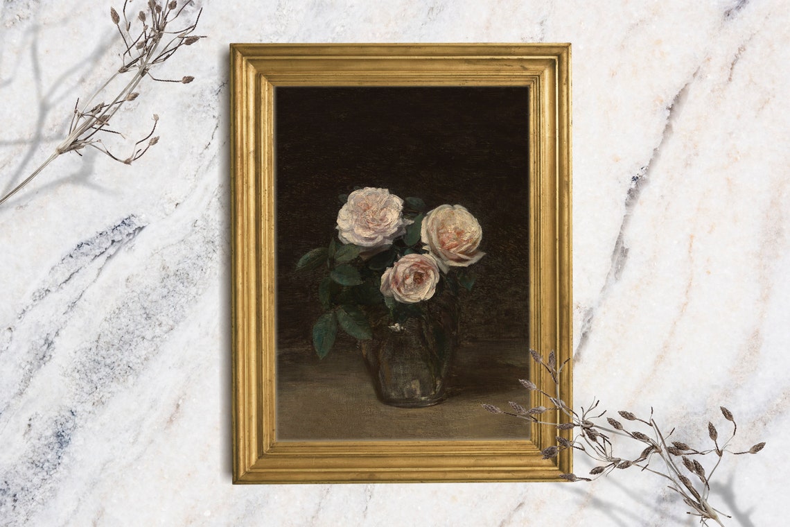 Moody Rose Art Print Floral Oil Painting Print Pink Floral Original Painting Print Dark Academia Flowers Still Life Art Vintage Floral