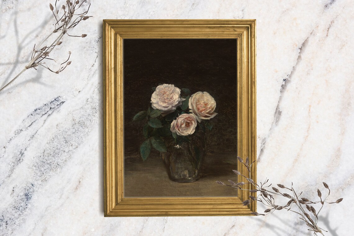 Moody White Roses Glass Vase Dark Vintage Floral Still Life Poster