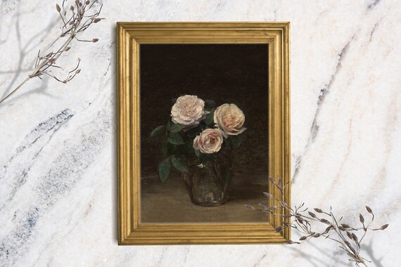 Moody Rose Art Print Floral Oil Painting Print Pink Floral Original Painting Print Dark Academia Flowers Still Life Art Vintage Floral