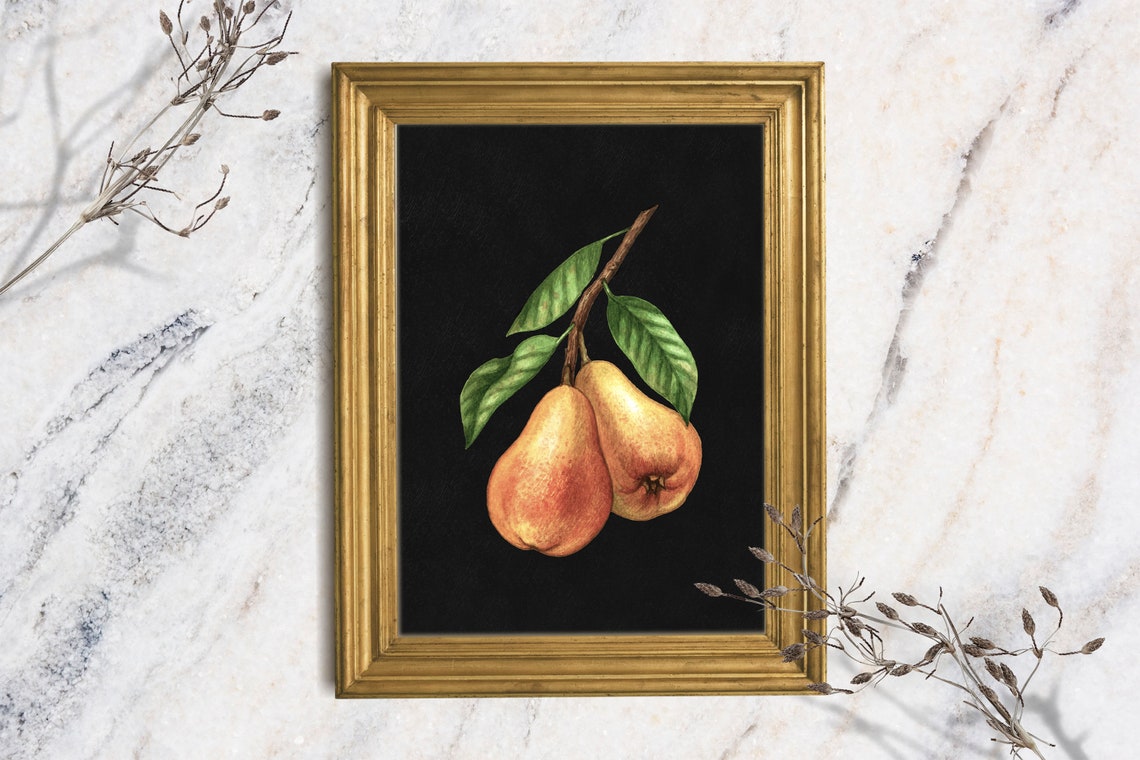 Pear Branch Art Print Pear Still Life Oil Painting Moody Pear Art Original Oil Art Painting Print French Country Art Kitchen Art
