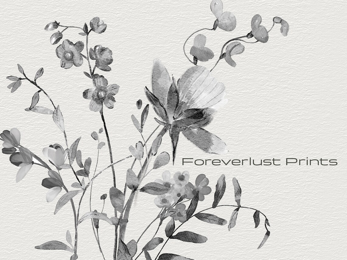 Gray Monochrome Wildflower Bouquet Watercolor Minimalist Floral Art Print - Image 2