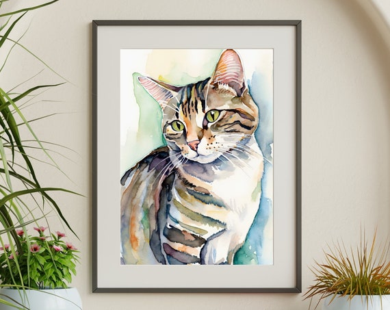 Tabby Cat Watercolor Portrait Soft Pastel Pet Lover Animal Wall Art