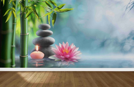 Alternative Therapy Wall Art Zen Bamboo Spa Mural Relaxing Stones And Flower Wallpaper Modern Paper